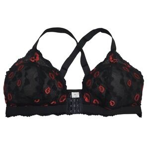 Womens 3XL Black Lace Kiss Print Full Coverage Bra Adjustable Straps Front Close